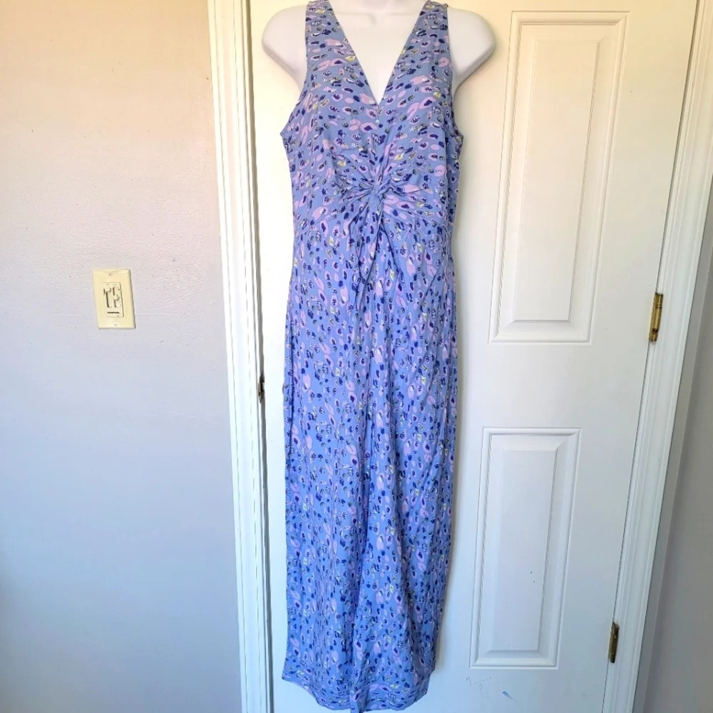 NWT YAS Y.A.S Blue Purple Cropped Jumpsuit Wide Leg Knot Front Zip Back Size 4
